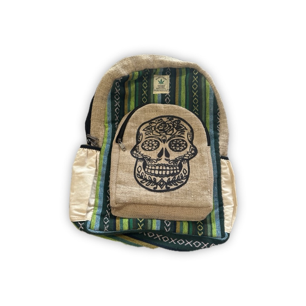 Hemp Campus Backpack Featuring a Sugar Skull Design on Front Pocket